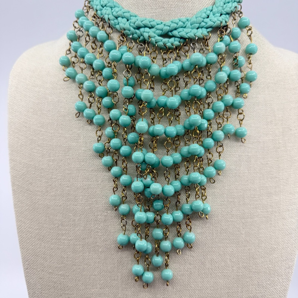 Turquoise Tone Blue Braided Statement Necklace Fringe Boho Festival Layer Gift